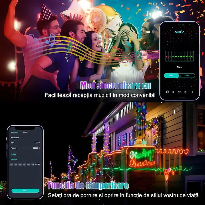 Lumini inteligent pentru brad, 100 de beculețe, 10 metri, control prin telefon și telecomandă