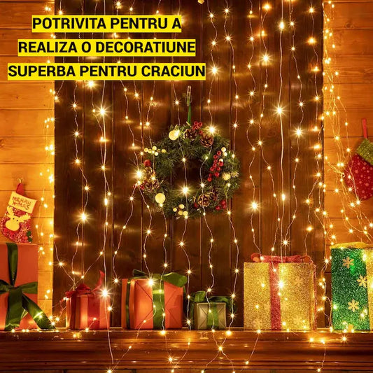 Perdea luminoasă de Crăciun, 3x3 m, cu 300 LED-uri și 8 moduri de iluminare, model interconectabil.
