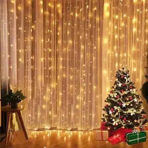 Perdea luminoasă de Crăciun, 3x3 m, cu 300 LED-uri și 8 moduri de iluminare, model interconectabil.