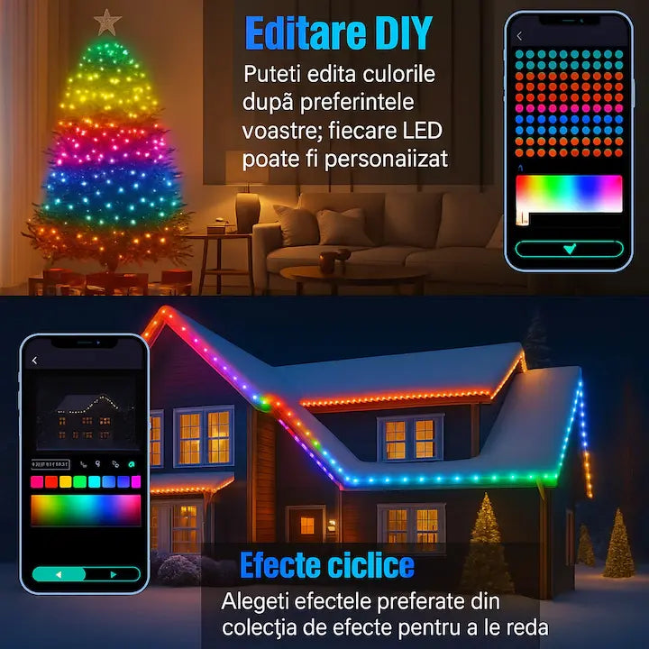Lumini inteligent pentru brad, 100 de beculețe, 10 metri, control prin telefon și telecomandă