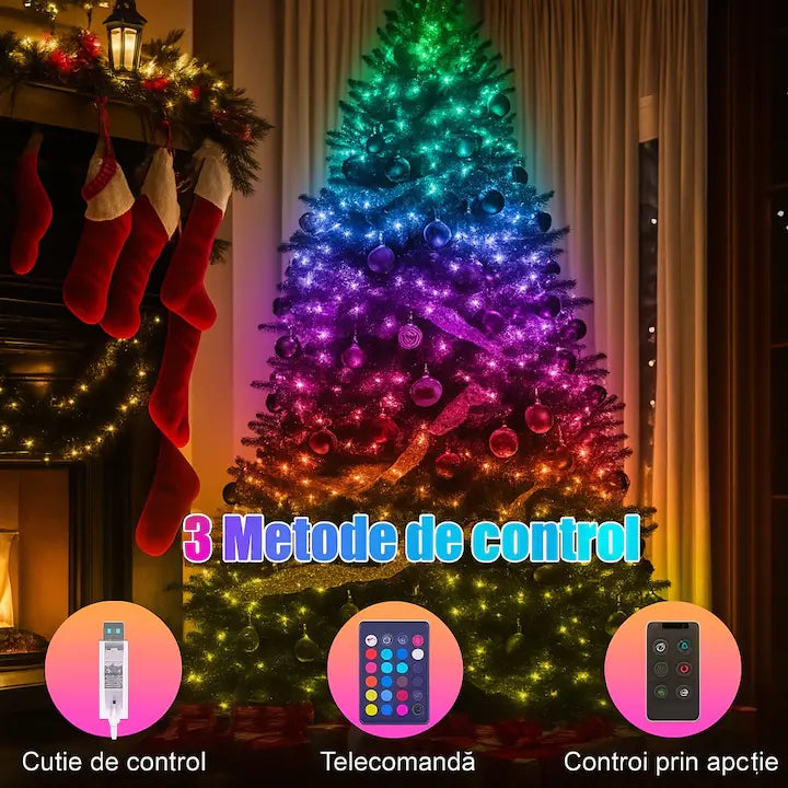 Lumini inteligent pentru brad, 100 de beculețe, 10 metri, control prin telefon și telecomandă
