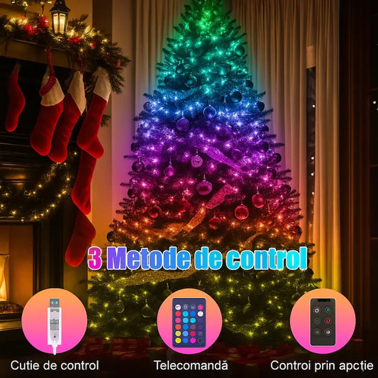Lumini inteligent pentru brad, 100 de beculețe, 10 metri, control prin telefon și telecomandă